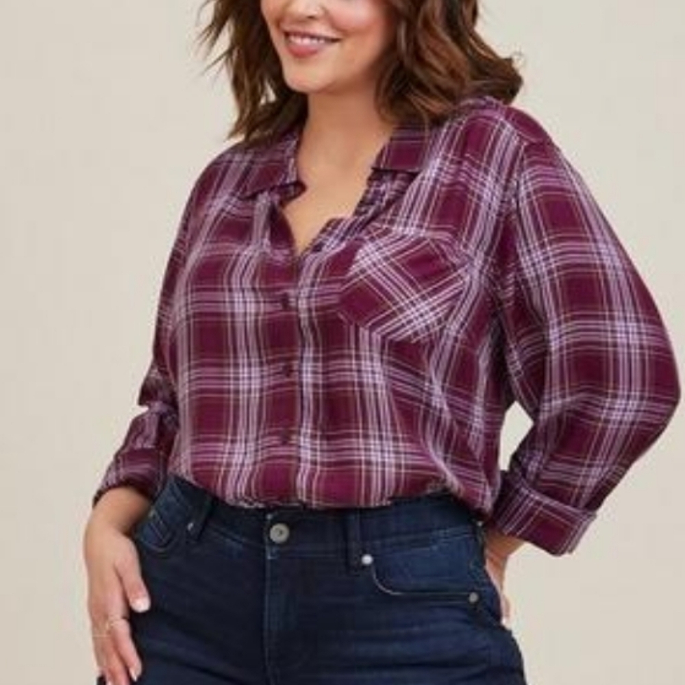 Torrid Lizzie Rayon Twill Button-Up Long Sleeve Shirt